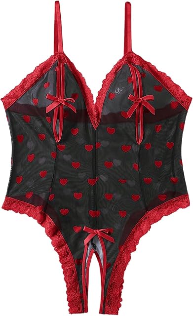 Women's Plus Size Lace Mesh One Piece Lingerie Sexy Heart Print Bow Bodysuit Cut Out Crotchless Teddy