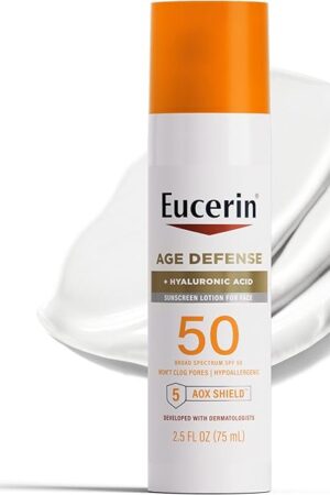 Eucerin Sun Age Defense SPF 50 Face Sunscreen Lotion with Hyaluronic Acid, Hypoallergenic, Non-Comedogenic Sunscreen SPF 50 Free of Fragrance, Oxybenzone and Octinoxate, 25 Fl Oz Bottle