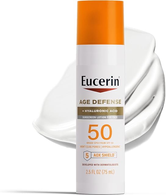 Eucerin Sun Age Defense SPF 50 Face Sunscreen Lotion with Hyaluronic Acid, Hypoallergenic, Non-Comedogenic Sunscreen SPF 50 Free of Fragrance, Oxybenzone and Octinoxate, 25 Fl Oz Bottle