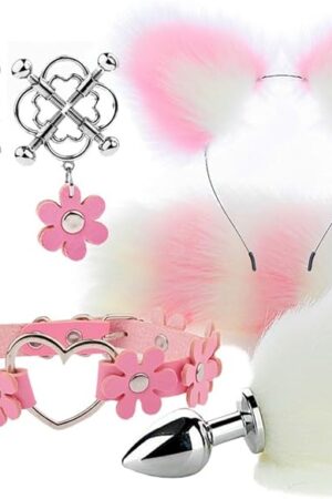 Faux Fur Anal Plug Tail Fox Animal Costume Set Furry Ear Headband Anal Plush Neck Collar Nipple Clip Fox Cosplay