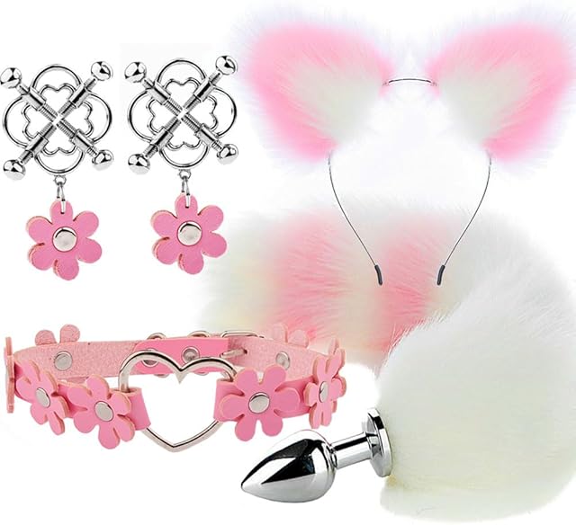 Faux Fur Anal Plug Tail Fox Animal Costume Set Furry Ear Headband Anal Plush Neck Collar Nipple Clip Fox Cosplay