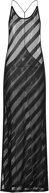 Womens See Through Sheer Dress Halter Neck Sleeveless Backless High Slit Striped Long Dresses Lingerie