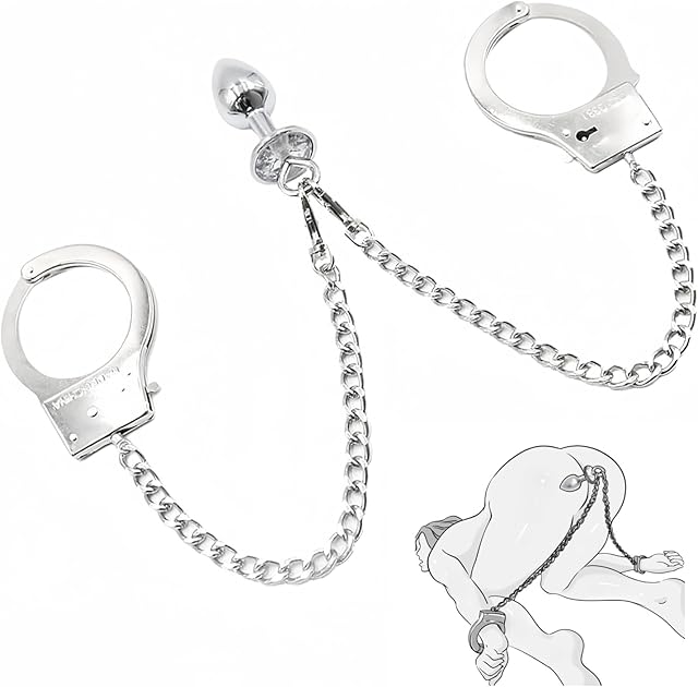 Bondage Restraint Handcuffs with Anal Plug - Alloy Long Chain Wrist Cuff with 2 Keys and Jewel Anal Beads Training Kit | Adult Sex Toys for Men and Women Couple Beginners BDSM Game Play