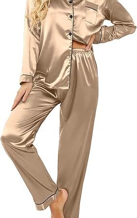 Women's Classic Button Down Long Satin Silk Pajama Set