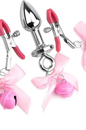 Couple Stainless Steel Anal Anal Trainer Jewel Butt Plug S&M Adult Anal Plugs and Small Bell Nipple Clip(Pink)