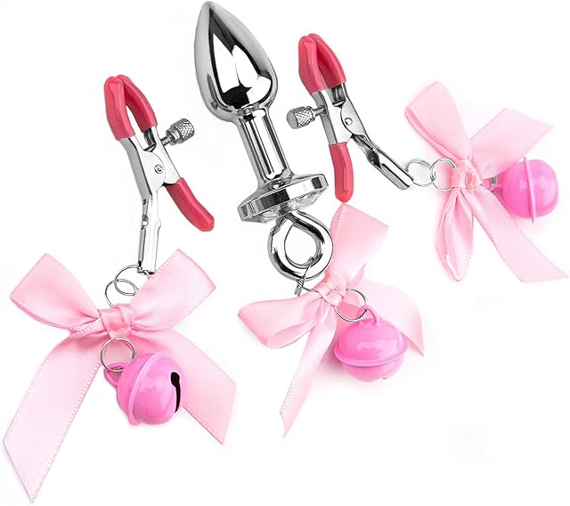 Couple Stainless Steel Anal Anal Trainer Jewel Butt Plug S&M Adult Anal Plugs and Small Bell Nipple Clip(Pink)