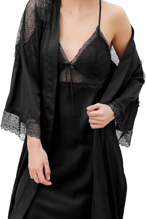Women's Silk Satin Robe Sets 2 Piece Sexy Pajamas Set Sheer Lace Cami Nightgown Lingerie and Silky Robes