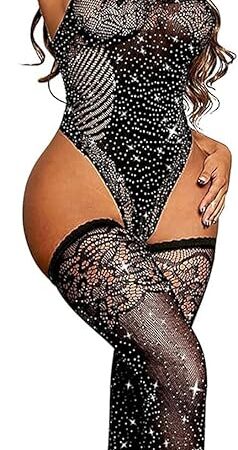 Women Lingerie Naughty Fishnet Teddy Bodysuit Sparkle Rhinestone Mesh Lingerie with Thigh High Stockings