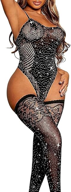 Women Lingerie Naughty Fishnet Teddy Bodysuit Sparkle Rhinestone Mesh Lingerie with Thigh High Stockings