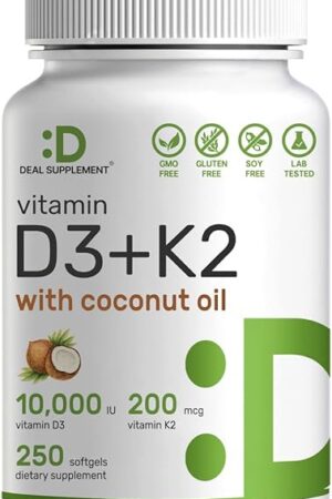 DEAL SUPPLEMENT Vitamin D3 10,000 IU + K2 MK7 200mcg Softgels, 250 Count | 2-in-1 Complex with Virgin Coconut Oil | Supports Heart, Bone, Teeth & Immune Health | Easy to Swallow