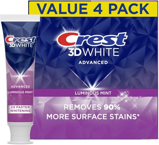 Crest 3D White Advanced Luminous Mint Teeth Whitening Toothpaste, Crest Toothpaste, 37 oz Pack of 4 - Helps Remove Surface Stains, Whitens Teeth, Strengthens Tooth Enamel, Protects Against Cavities