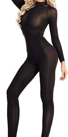 Women Sexy Mesh Sheer Zipper Front Turtleneck Spandex Zentail Catsuit Teddy Bodysuit
