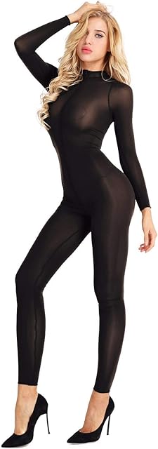 Women Sexy Mesh Sheer Zipper Front Turtleneck Spandex Zentail Catsuit Teddy Bodysuit