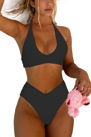 Women's Sexy High Leg Triangle Halter Bikini Set Padded Cup Bikini Cheeky Swimsuit V Cut Thong Bathing Suit