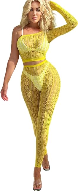 Women's Bodysuits Babydoll Fishnet Stretc Lace Tight Hollow Out One Shoulder Lingerie Set Outfits Bodycon