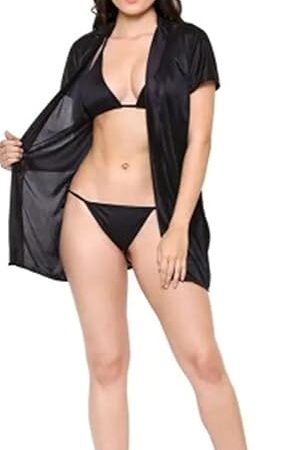Women's 3-Piece Lingerie Set Black Sheer Robe with Matching Bra and Panty  Sexy Sleepwear for Women | See Through Mesh Nightwear Set | Intimate Outfit for Bedroom (Free Size)