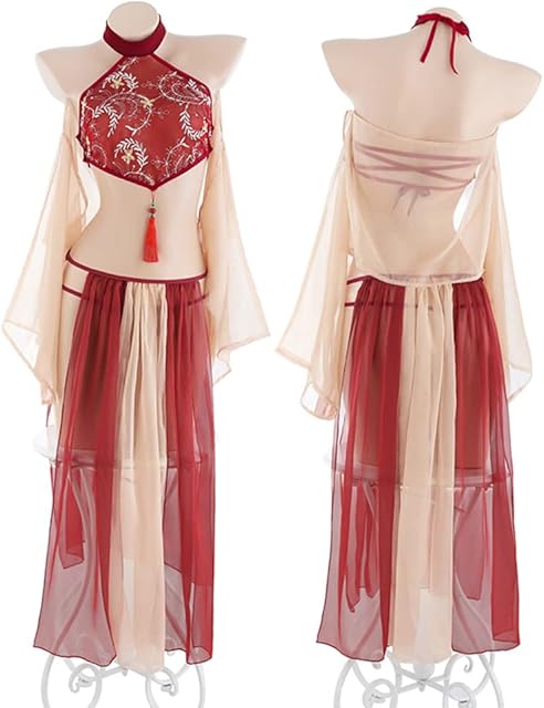 Asian Chinese Geisha Cosplay Women's Chinese Style Cheongsam Lingerie Japanese Anime Costume (Red1)