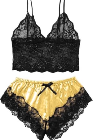 Women's Lace Lingerie Pajamas Sexy See Through Bra Cami Tops and Satin Shorts Sleepwear 2 Piece Loungewear Nighty