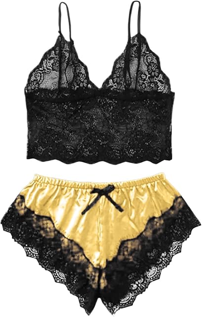 Women's Lace Lingerie Pajamas Sexy See Through Bra Cami Tops and Satin Shorts Sleepwear 2 Piece Loungewear Nighty