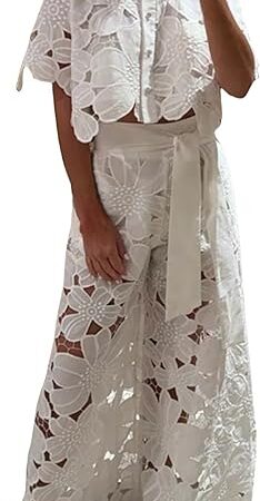 Elegance Floral Lace Cropped Shirt and Belt Pocketed Wide Leg Pants Set Hollow Lace Women Sexy 2 Piece Outfits