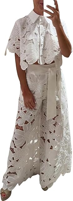 Elegance Floral Lace Cropped Shirt and Belt Pocketed Wide Leg Pants Set Hollow Lace Women Sexy 2 Piece Outfits