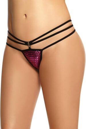 Women's Multi-Strap Three-Strap Thong Panty with Decorative Front Charm with Shimmer Mesh Panel
