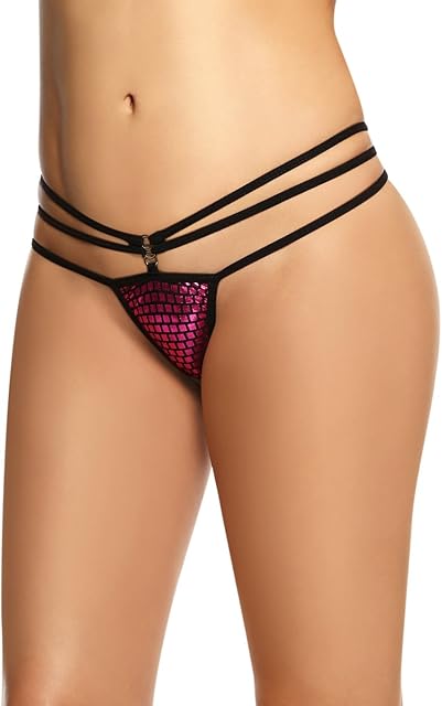 Women's Multi-Strap Three-Strap Thong Panty with Decorative Front Charm with Shimmer Mesh Panel