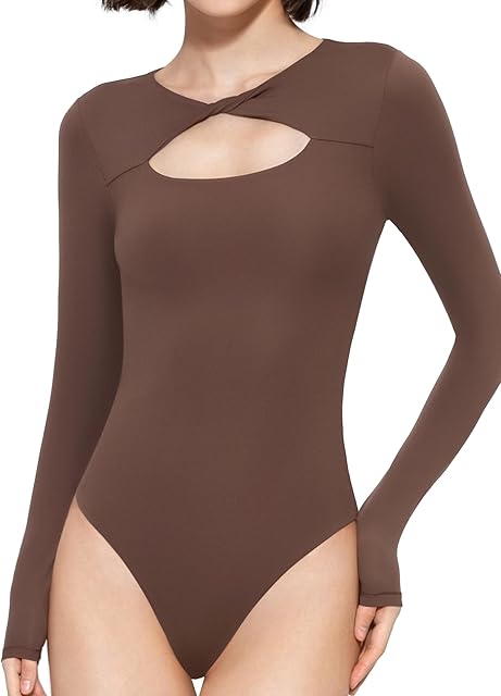 Women's Knot Front Long Sleeve Bodysuit Crew Neck Body Suits Sexy Tops Smoke Cloud Pro Collection