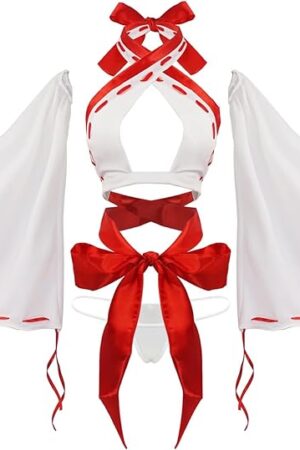 Women Japanese Anime Miko Cosplay Outfit, Red And White Kimono Bra And Panty Set Witch Cosplay Costume