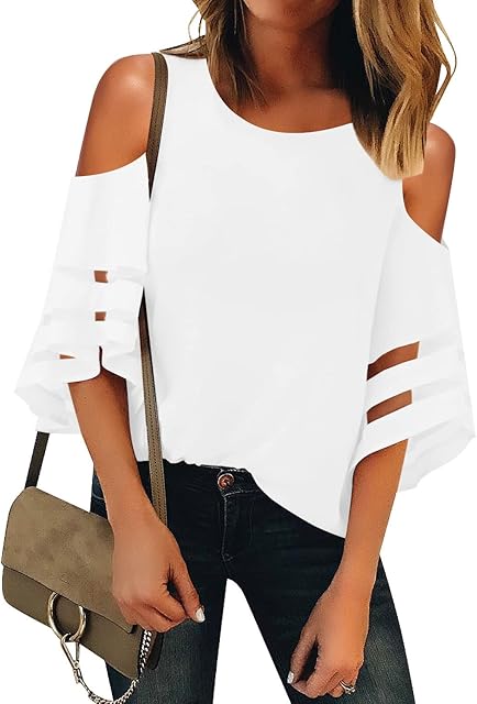 Women's Cold Shoulder Loose Shirt Tops 3/4 Bell Mesh Sleeve Blouse