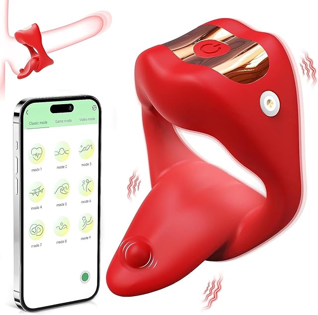 APP Control Vibrating Penis Ring Tongue Design, Rechargeable Penis Ring Vibrator with 9 Vibration Modes, Silicone Male Sex Toy for Man and Couple Play, Clitoral Vibrator, Adult Sex Toys & Games