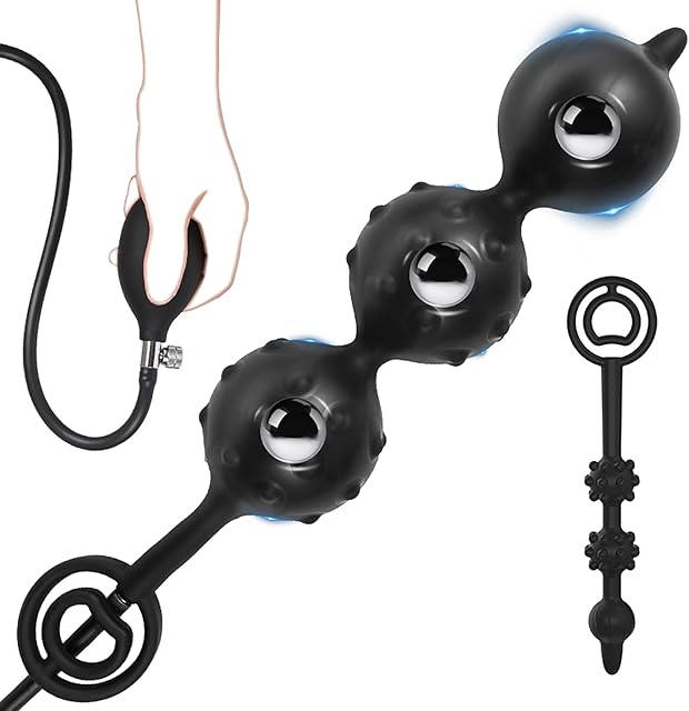 Anal Plug Silicone Inflatable Butt Plugs with Spikes, Steel Ball and Pump Adult Triple Beads Anal Sex Toy with Double Ring Large Anal Trainer Sexual Stimulation Devices for Mens (Triple Beads)