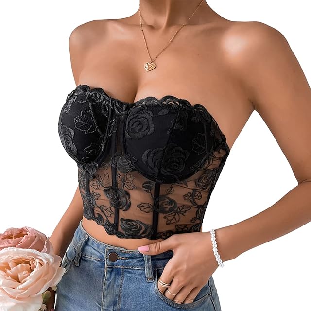 Women's Embroidered Floral Corset Crop Top Strapless Tube Top Boned Mesh Bustier Clubwear