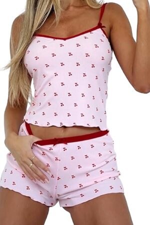 Women's 2 Piece Pajama Set Sleeveless Cherry Print Cami Tops Casual Shorts Sleepwear Sets