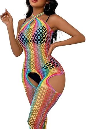 Women Sexy Rainbow Striped See Through Mesh Bodysuit Beachwear for Dance Festivals Teddy Babydoll Stripper Outfits