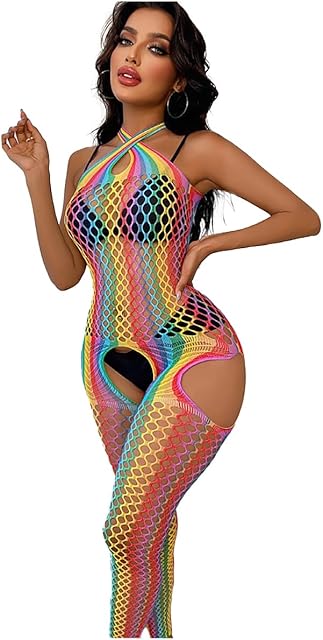Women Sexy Rainbow Striped See Through Mesh Bodysuit Beachwear for Dance Festivals Teddy Babydoll Stripper Outfits