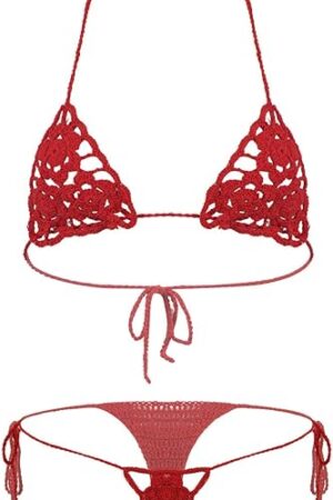 Crochet Floral Bikini Set Sexy Lace up Bandage Swimsuit Bathing Suit for Women