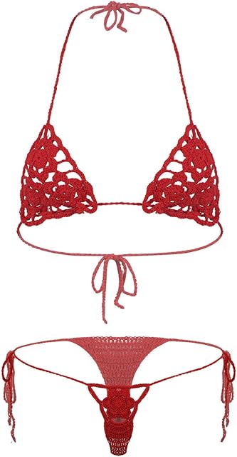 Crochet Floral Bikini Set Sexy Lace up Bandage Swimsuit Bathing Suit for Women
