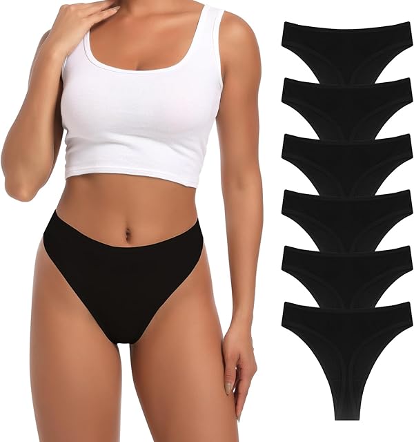 Cotton Thongs for Women High Waisted Women Panties No Show Comfortable Underwear Sexy Tangas Black Pack 6
