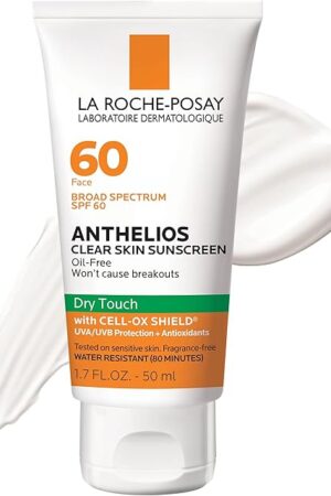 La Roche-Posay Anthelios Clear Skin Sunscreen Dry Touch SPF 60, Oil Free Sunscreen For Face, Oil Absorbing, Broad Spectrum SPF + Antioxidants, Non-Greasy, Oxybenzone Free, Travel Size