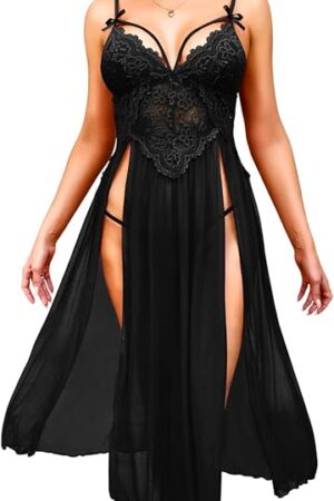 Womens Sexy Long Nightgowns, Floral Lace Flowy High Slit Exotic Lingerie Dress, Sheer Mesh G String Babydoll Boudoir