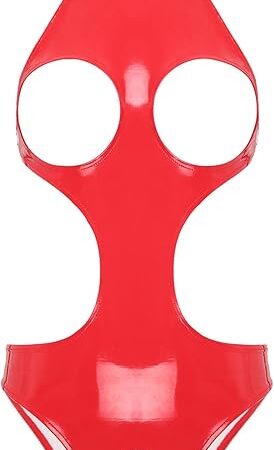 Womens Wet Look Leather Cupless Lingerie One Piece Open Crotch Bodysuit Catsuit Leotard Swimsuit