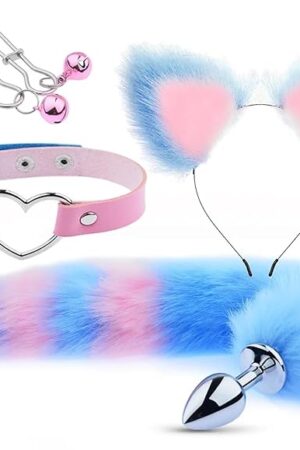 Generic 4PC Anal Sex Toys Fox Tail Butt Plug Sexy Plush Cat Ear Headband With Leather Necklace Set Massage Sex Toys Women Couples Cosplay(Colorful)