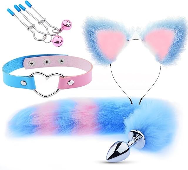 Generic 4PC Anal Sex Toys Fox Tail Butt Plug Sexy Plush Cat Ear Headband With Leather Necklace Set Massage Sex Toys Women Couples Cosplay(Colorful)
