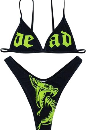 Women Skull Letter Pattern Goth Bikini Set 2 Piece High Waist Bandeau Swimsuit