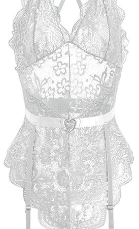 Women lingerie Floral Lace Scallop Floral Babydoll Bodysuit With Garter