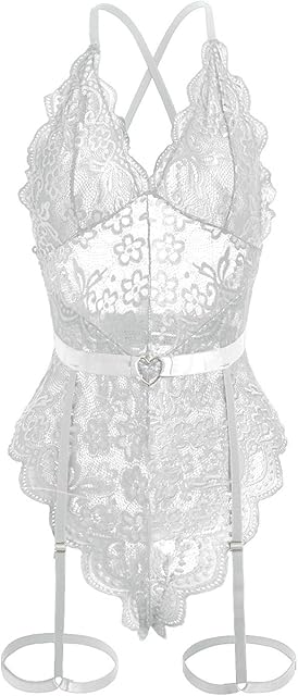 Women lingerie Floral Lace Scallop Floral Babydoll Bodysuit With Garter