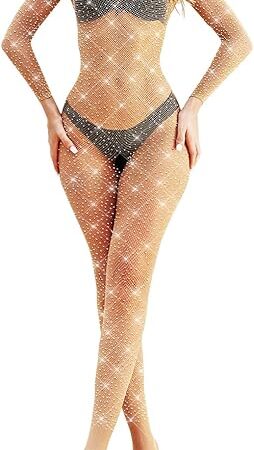 Womens Classic Fishnet Bodystocking Lingerie Party Sparkle Rhinestone Stockings One Piece