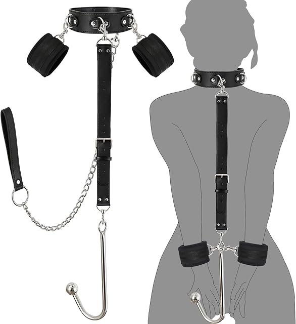 Bondage Collar Anal Hook Sex Leash Bondage Harness Set with Adjustable Handcuffs & Chain Leash Collar SM Adult Toys Sex Game Accessories (New Anal Hook Set)