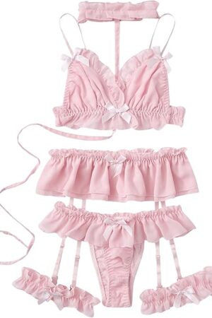 Women's Ruffle Teddy Lingerie Bow Babydoll Chemise Nightgown with Garter Belt